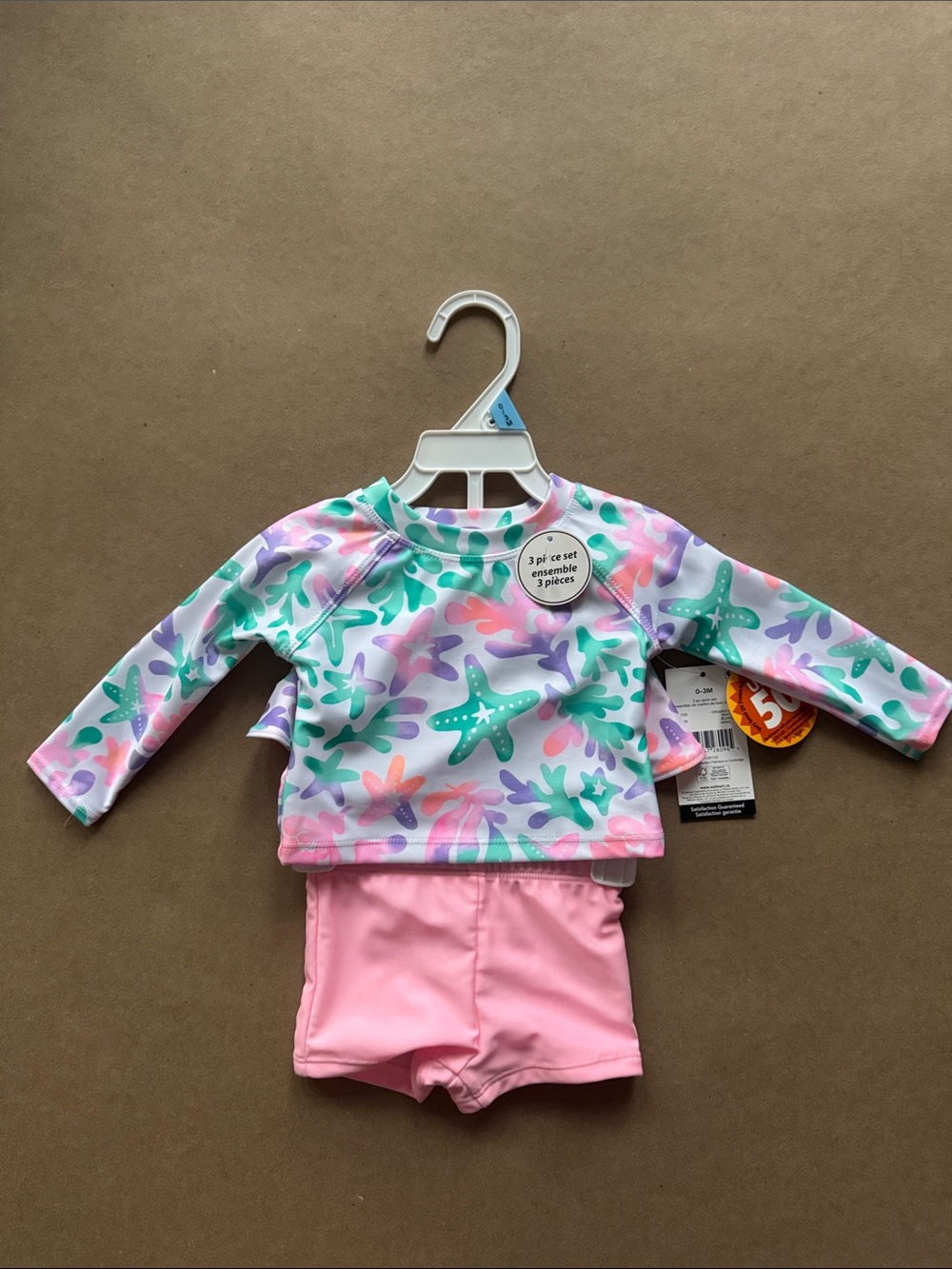 NWT UPF 50 3pcs 0-3 months Pink, Mint & Purple Starfish Rash Guard Swim Set